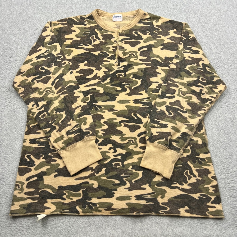 VTG Duofold Henley Shirt Mens XL Green Camo Two Layer Wool Blend Thermal USA